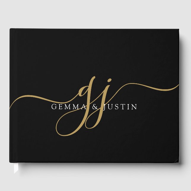 Elegante Gold Script Initials Name Monogram Black Gästebuch (Vorderseite)