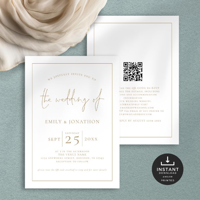 Elegante Gold Script Line Border QR Code Hochzeit Einladung (front and back view)