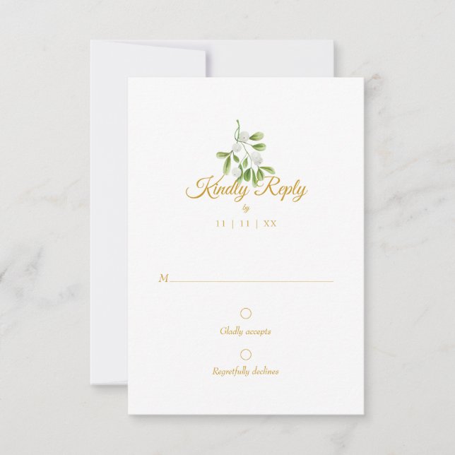Elegante Gold Script Mistletoe Winter Wedding UAWG RSVP Karte (Vorderseite)