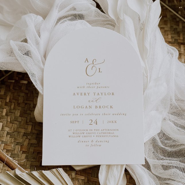 Elegante Gold Script Monogram Boho Arch Wedding Einladung (Elegant Gold Script Monogram Boho Arch Wedding Invitation)