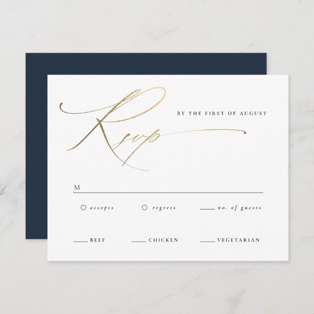 Elegante Gold Script Navy Blue Wedding RSVP Karte (Vorne/Hinten)