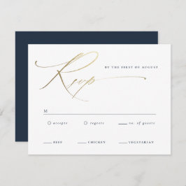 Elegante Gold Script Navy Blue Wedding RSVP Karte