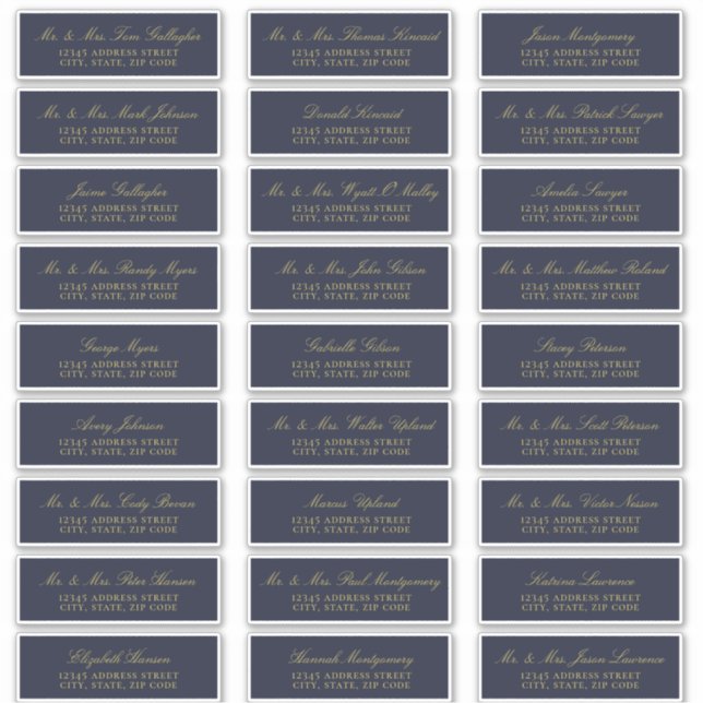 Elegante Gold Script Navy Guest Address Labels (Vorderseite)