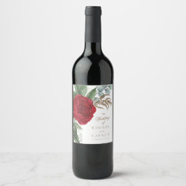 Elegante Gold Script Red Floral Wedding Weinetikett