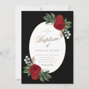 Elegante Gold Script Red Peonies Taufe Einladung
