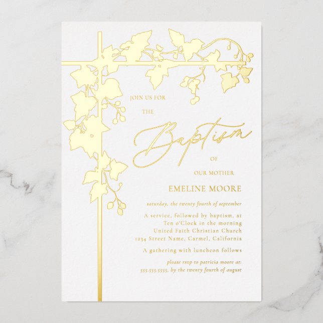 Elegante Gold Script Taufe Folieneinladung (Vorderseite)