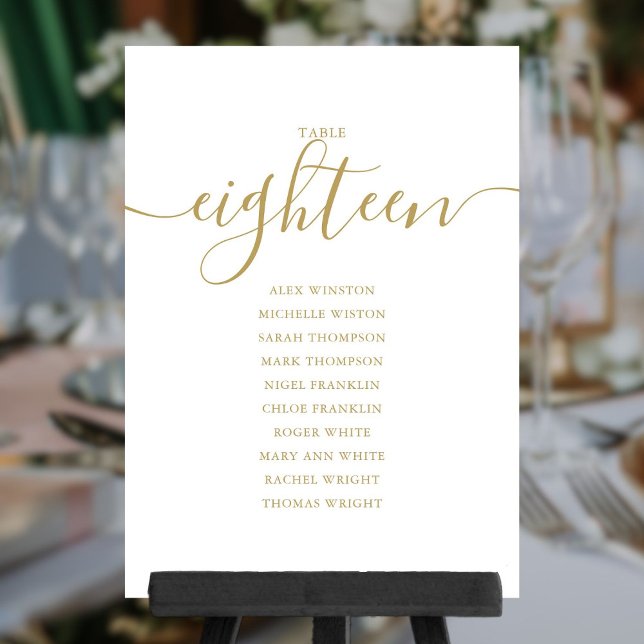 Elegante Gold Script Tischnummer 18 Seating Chart (Elegant Gold Script Table Number 18 Seating Chart)