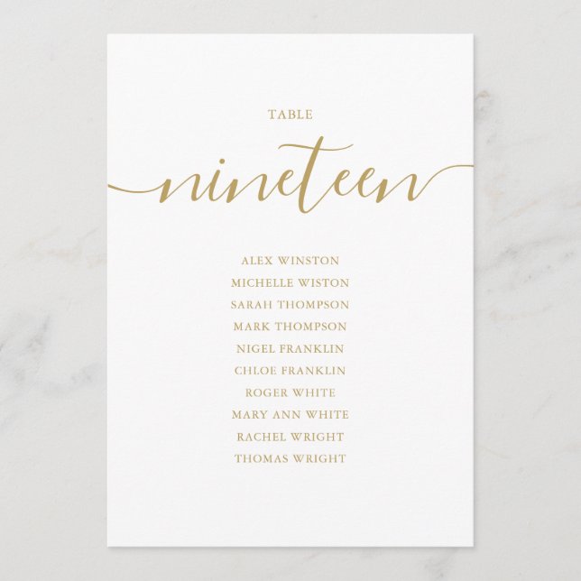 Elegante Gold Script Tischnummer 19 Seating Chart (Vorderseite)