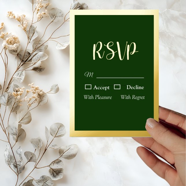 Elegante Gold Script und Frame Foil Green RSVP Car Folieneinladung (Von Creator hochgeladen)