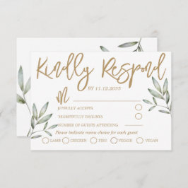Elegante Gold Script und Sage Green Foliage Hochze RSVP Karte