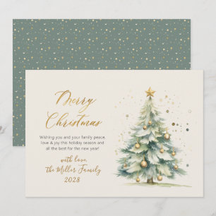 Elegante Gold Script Watercolor Weihnachtsbaum Feiertagskarte