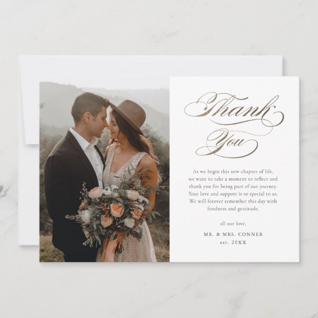 Elegante Gold Script Wedding Dankeskarte (Vorderseite)