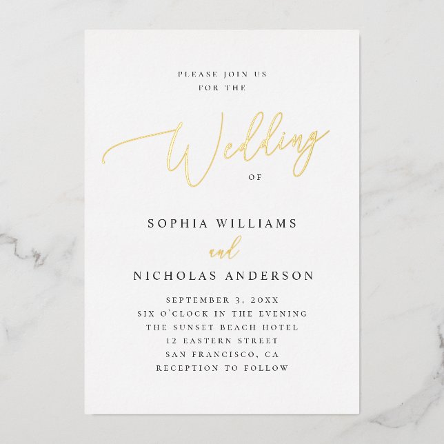 Elegante Gold Script Wedding | Minimalistisch Clas Folieneinladung (Vorderseite)