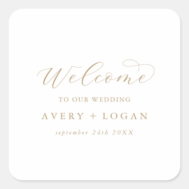 Elegante Gold Script Wedding Welcome Square Sticke Quadratischer Aufkleber (Vorderseite)