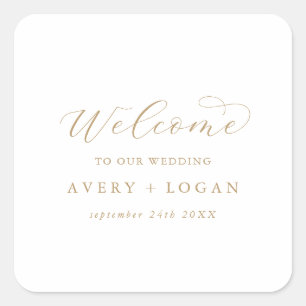 Elegante Gold Script Wedding Welcome Square Sticke Quadratischer Aufkleber