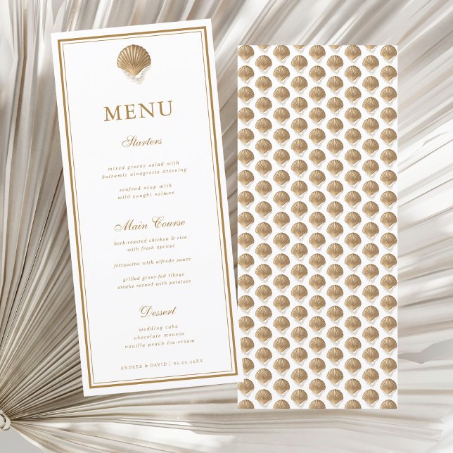 Elegante Gold Seashell Coastal Wedding Menu Card Menükarte (Von Creator hochgeladen)