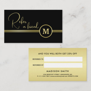 Elegante Gold-Signatur-Monogramm auf Schwarz Empfehlungskarte