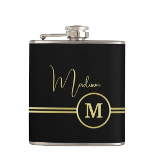 Elegante Gold-Signatur-Monogramm auf Schwarz Flachmann