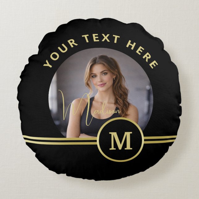Elegante Gold-Signatur-Monogramm auf Schwarz Rundes Kissen (Vorderseite)