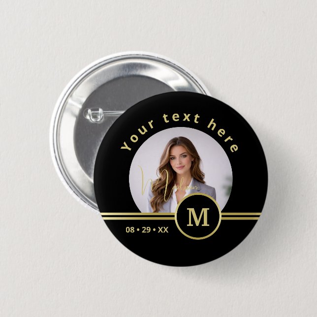 Elegante Gold-Signatur-Monogramm mit Foto Button (Vorne & Hinten)