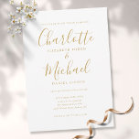 Elegante Gold Signature Script Einladung<br><div class="desc">Diese elegante Hochzeitseinladung mit ihren charakteristischen Stilnamen kann mit Ihren Informationen in schicken Goldbuchstaben personalisiert werden. Entwickelt von Thisisnotme©</div>