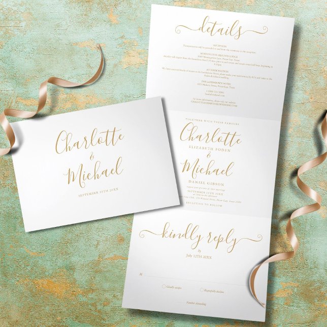 Elegante Gold Signature Script Monogram Wedding Dreifach Gefaltete Einladung (Von Creator hochgeladen)