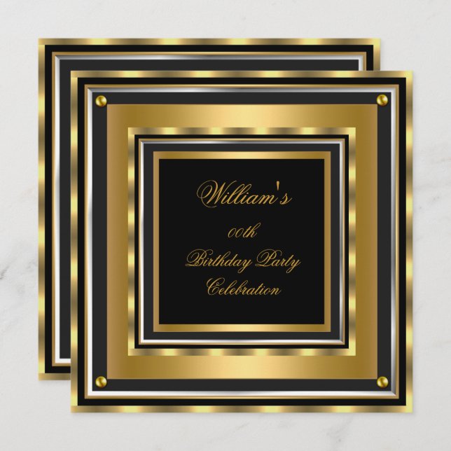 Elegante Gold Silver Black Birthday Party Mans Man Einladung (Vorne/Hinten)