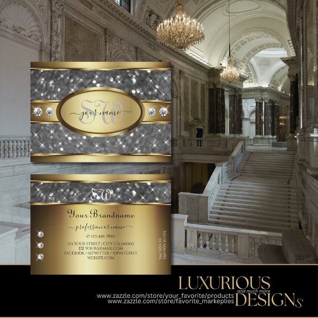 Elegante Gold Silver Glitzer Stars Diamant Initial Visitenkarte (Von Creator hochgeladen)