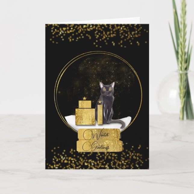 Elegante Gold Snow Globe mit einer Katze Weihnacht Karte (Vorderseite)