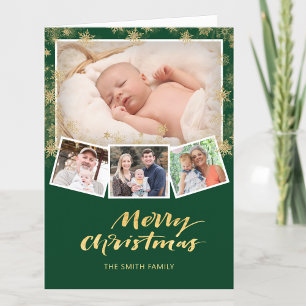 Elegante Gold Snowflakes Chic Script Modern Green Feiertagskarte