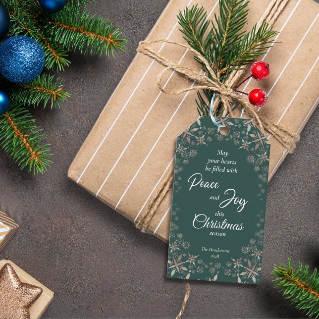 Elegante Gold Snowflakes Peace Joy Green Geschenkanhänger (Von Creator hochgeladen)