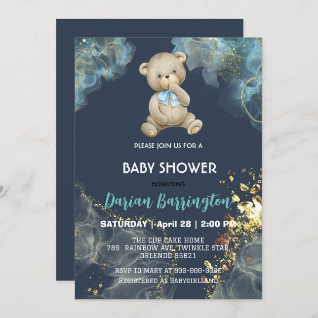 Elegante Gold Teddy Bear Aquarell Babydusche Einladung (Vorne/Hinten)