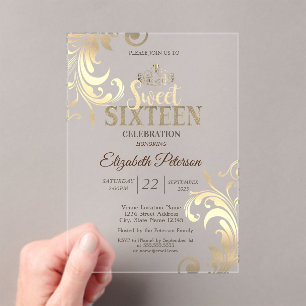 Elegante Gold-Tiara Süße Diamanten 16 Party Acryleinladungen