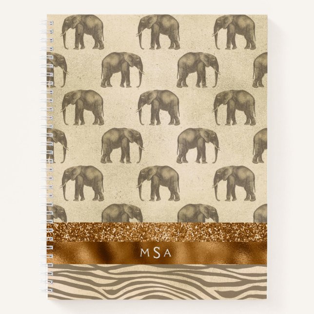 Elegante Gold Tiger Elephant Monogram Initials Notizbuch (Vorderseite)