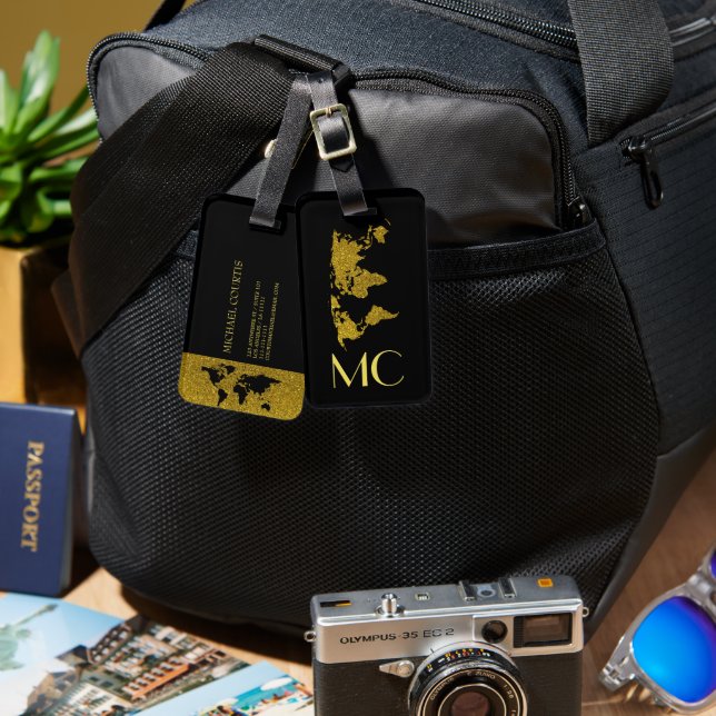 Elegante Gold Travel World Map Mit Monogramm Name Gepäckanhänger (Vorderseite & Rückseite)