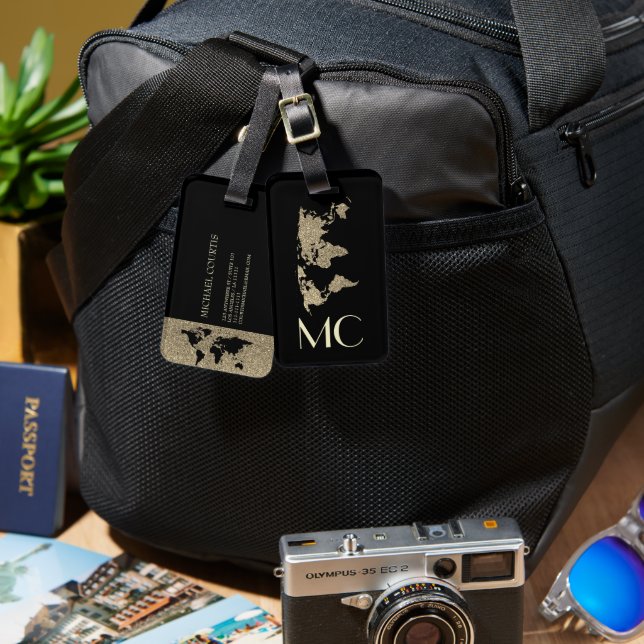 Elegante Gold Travel World Map Mit Monogramm Name Gepäckanhänger (Vorderseite & Rückseite)