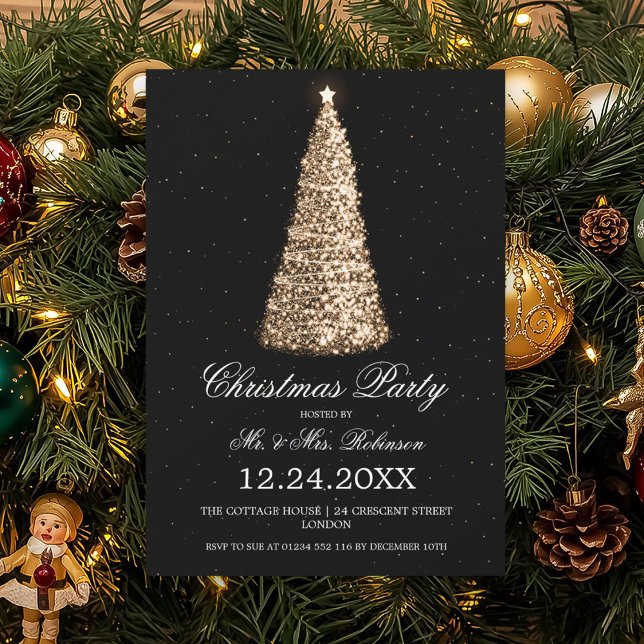 Elegante Gold Tree Weihnachts-Party Schwarz Einladung (Elegant Gold Tree Christmas Party Black Invitation)