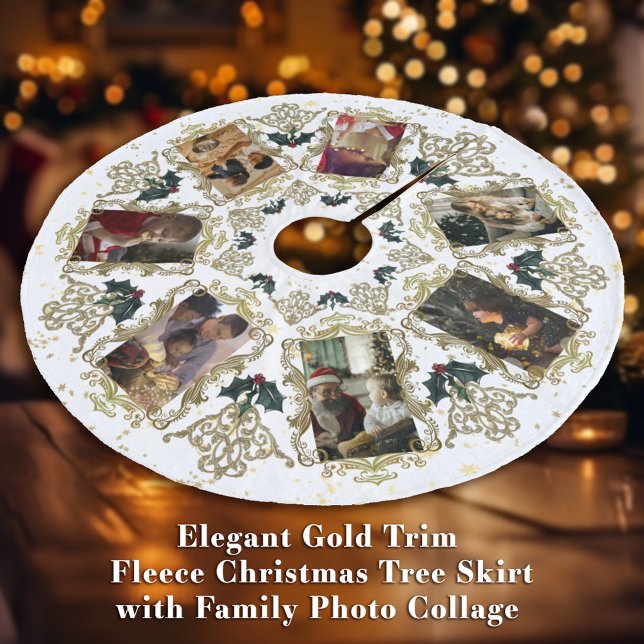Elegante Gold Trim Family Weihnachts-FotoCollage Fleece Weihnachtsbaumdecke (Elegant Gold Trim Fleece Christmas Tree Skirt with Family Photo Collage featuring 7 photos)
