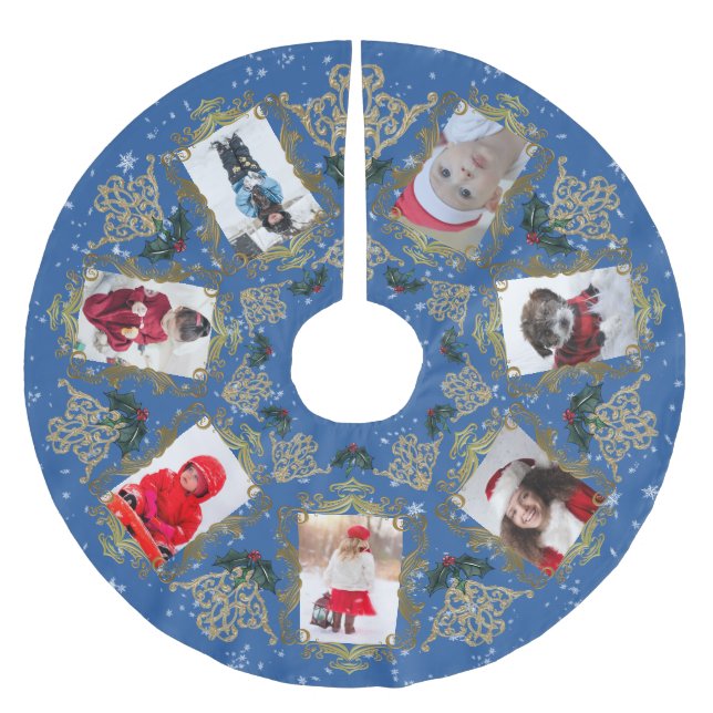 Elegante Gold Trim Family Weihnachts-FotoCollage Polyester Weihnachtsbaumdecke (Vorderseite)