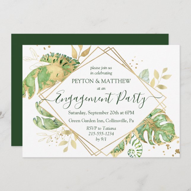 Elegante Gold Tropical Foliage Engagement Party Einladung (Vorne/Hinten)