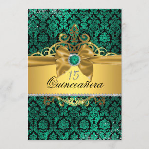 Elegante Gold Türkis Damast Quinceanera-Einladung Einladung