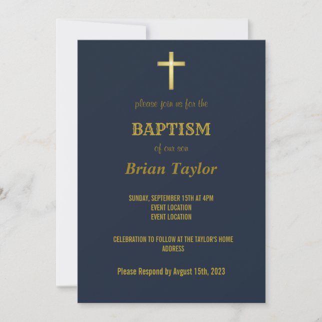 Elegante Gold Typografie Cross Taufen auf Navy Blu Einladung (Vorderseite)