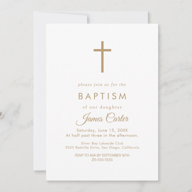 Elegante Gold Typografy Cross Baptisse Einladung (Vorderseite)