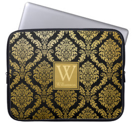 Elegante Gold- und Black Damask Print Personalisie Laptopschutzhülle