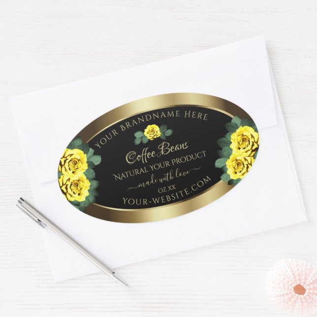 Elegante Gold- und Black Product Labels Gelbe Rose Ovaler Aufkleber (Umschlag)