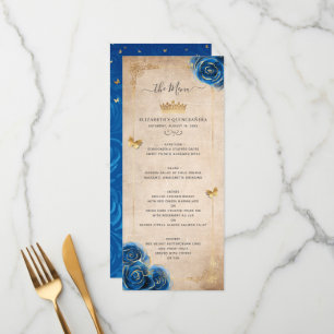 Elegante Gold- und Blaue Rosen Wasserfarben Floral Menükarte