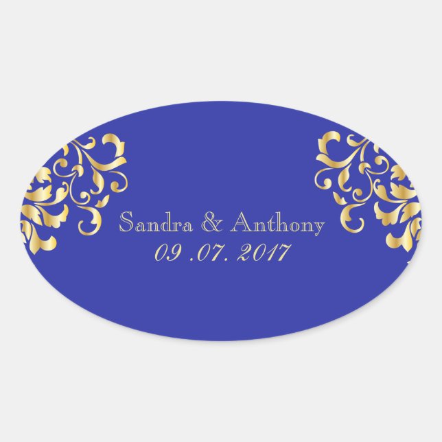 Elegante Gold- und Blue Damask Hochzeitskleber Ovaler Aufkleber (Vorderseite)