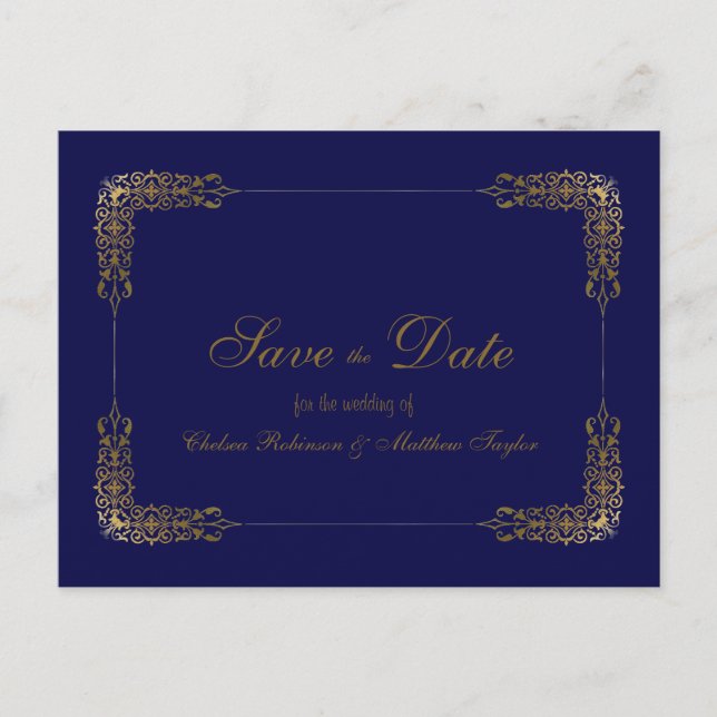 Elegante Gold und Blue Lace Save the Date Postkart Ankündigungspostkarte (Vorderseite)