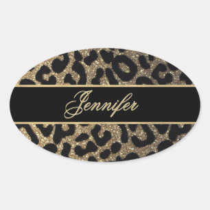 Elegante Gold und Blue Leopard Print Ovaler Aufkleber