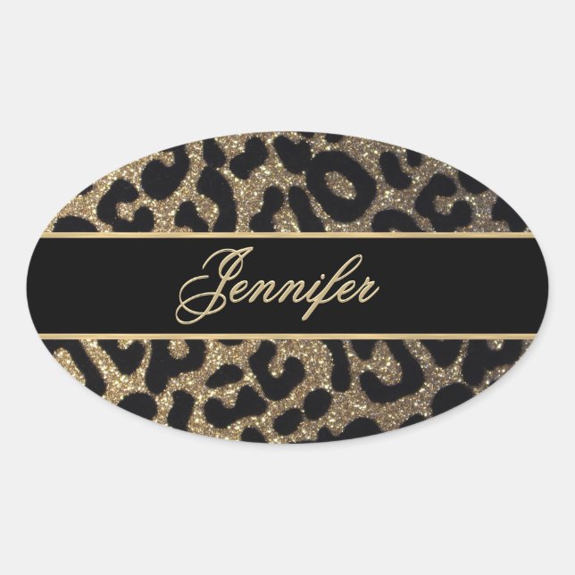 Elegante Gold und Blue Leopard Print Ovaler Aufkleber (Vorderseite)